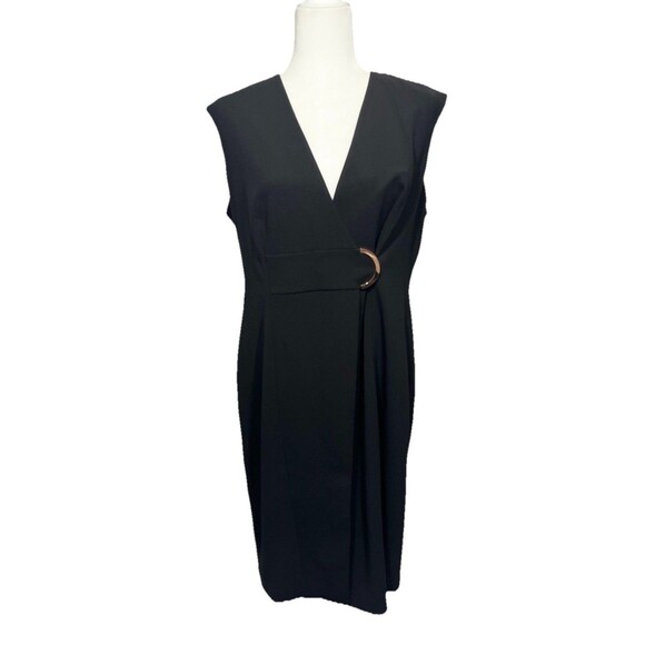 Calvin Klein Dress Faux Wrap Sz. 12 NWT Sleeveless Knee Length Black Office - Picture 1 of 8